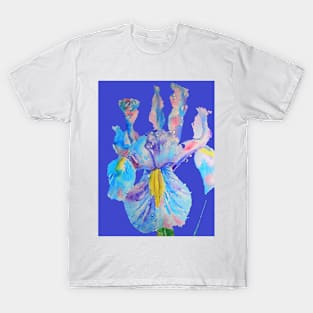 Iris Watercolor Painting - Blue with Raindrops - on Navy T-Shirt